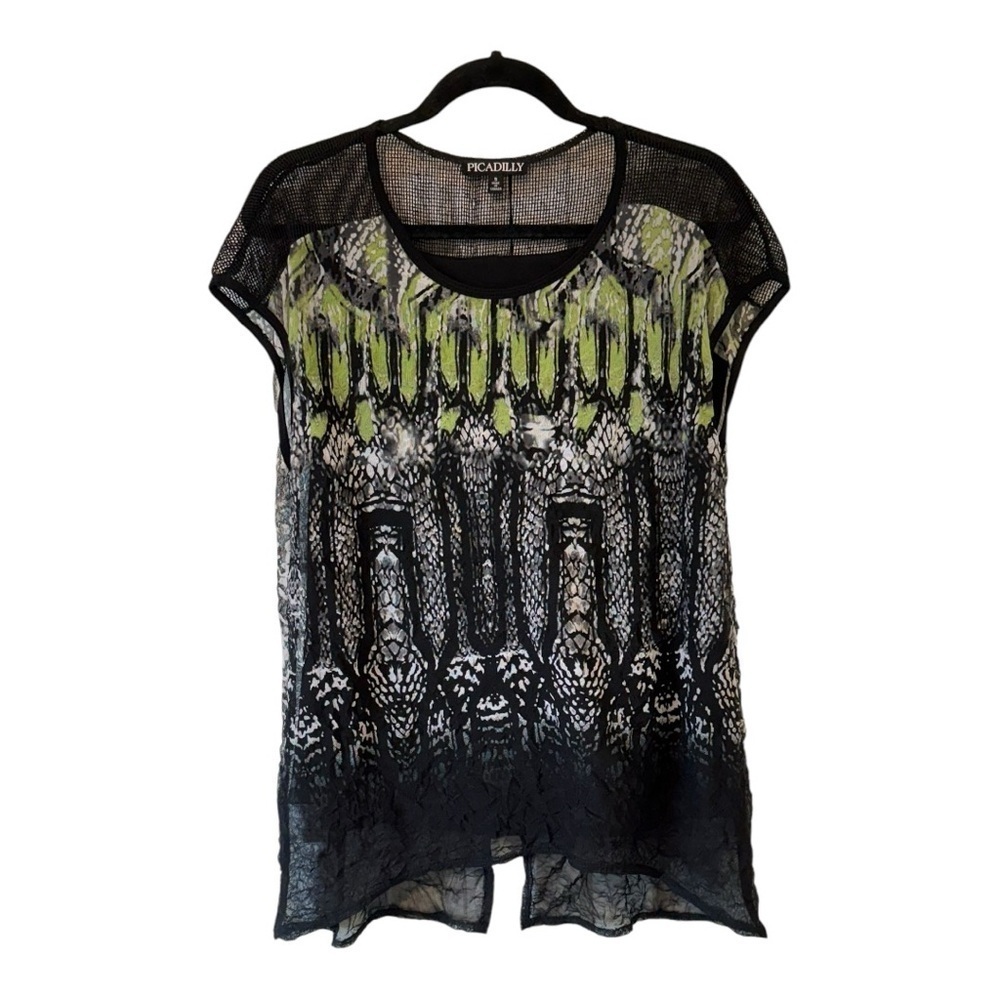 Piccadilly Women’s Abstract Patterned Cap Sleeve Mesh Shoulder Blouse - Small